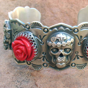 Day of the dead dia de los muerto sterling silver southwestern cuff skull flowers coral native santa fe gregory segura jewelry C23-5.jpg
