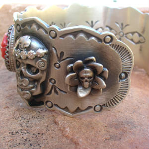 southwestern silver Jewelry santa fe gregory segura day of the dead skull flower cuff C23-6.jpg