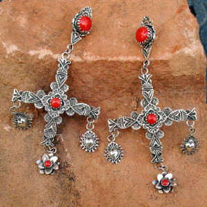 Southwestern Stamp Design Sterling Silver Cross Earrings from Native Santa Fe Artist Gregory Segura with Gem Quality Natural Coral