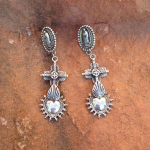 Southwestern Stamp Design Sterling Silver Guadalupe Cross and Mesilla Sacred Heart Earrings from Native Santa Fe Artist Gregory Segura