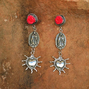 Southwestern Stamp Design Sterling Silver Guadalupe and Santa Rosa Sacred Heart Earrings from Native Santa Fe Artist Gregory Segura with Coral