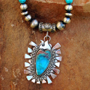 Sterling Silver Southwestern Style Jewelry Necklace with Bisbee Turquoise Heart and Santa Fe Pearls