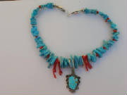 Blue Turquoise and Coral necklace with a Turquoise and Silver Pendant N23.JPG